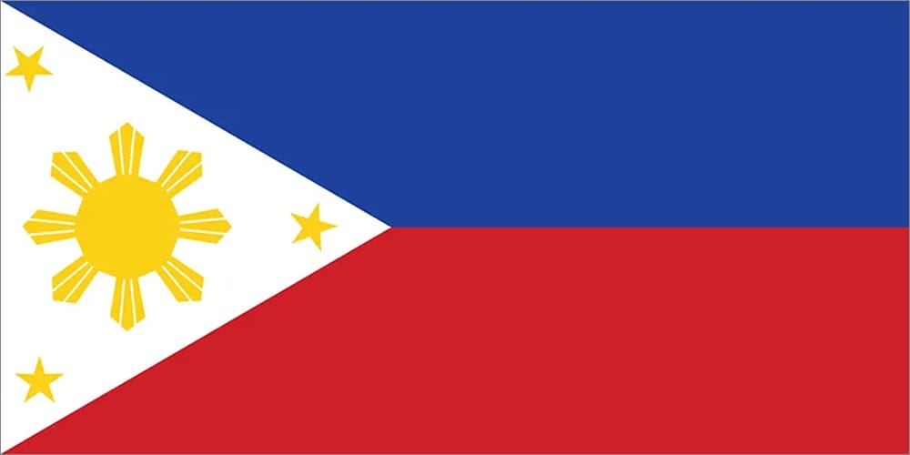 Flag of the Philippines featuring a blue upper section, red lower section, and a white triangle with a sun and three stars.
