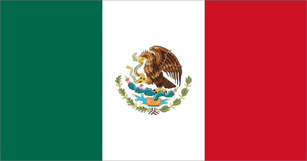 Flag of Mexico featuring vertical stripes of green, white, and red, with an emblem of an eagle atop a cactus in the center.