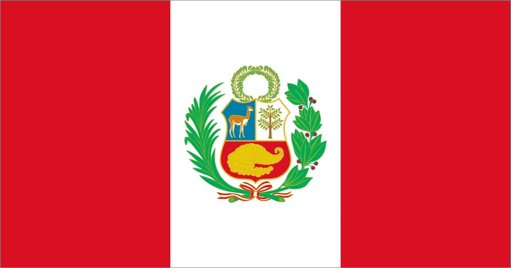 Flag of Peru featuring vertical red stripes and a central coat of arms with symbols representing flora and fauna.