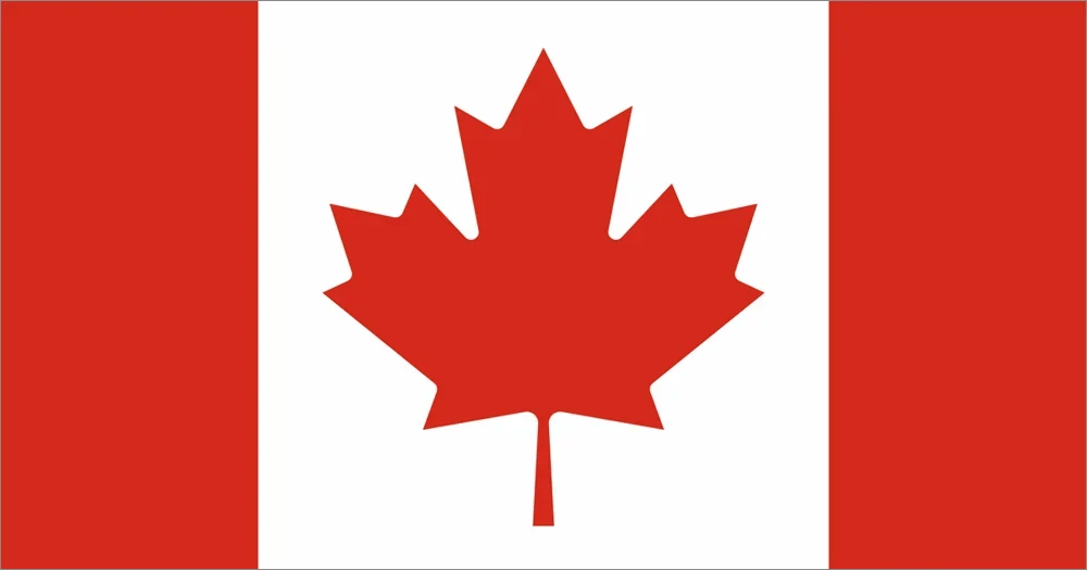 Red and white national flag of Canada featuring a prominent red maple leaf in the center.