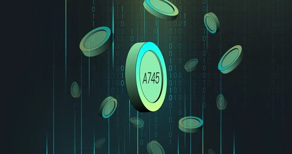 3D depiction of a circular token labeled "A745" among floating coin-like shapes and binary code elements on a dark background.