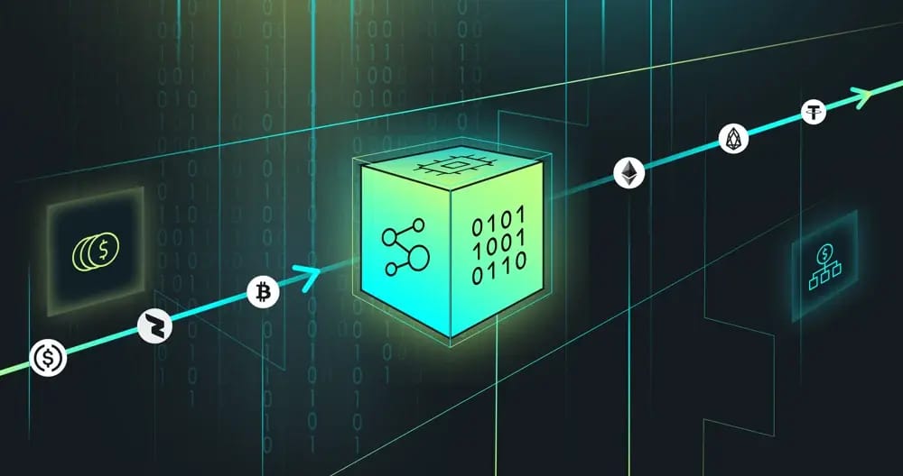 Digital representation of data with binary code and cryptocurrency icons illustrating a flow from traditional currency to various cryptocurrencies.