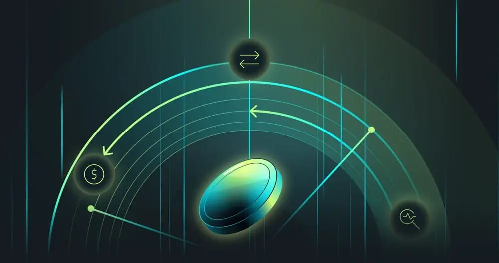 Abstract graphic featuring a central coin with lines and icons representing finance and data flow, set against a dark, gradient background.