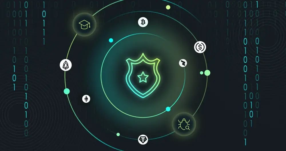 A digital graphic featuring a shield icon surrounded by circular orbits with various cryptocurrency symbols and educational elements, set against a dark background.