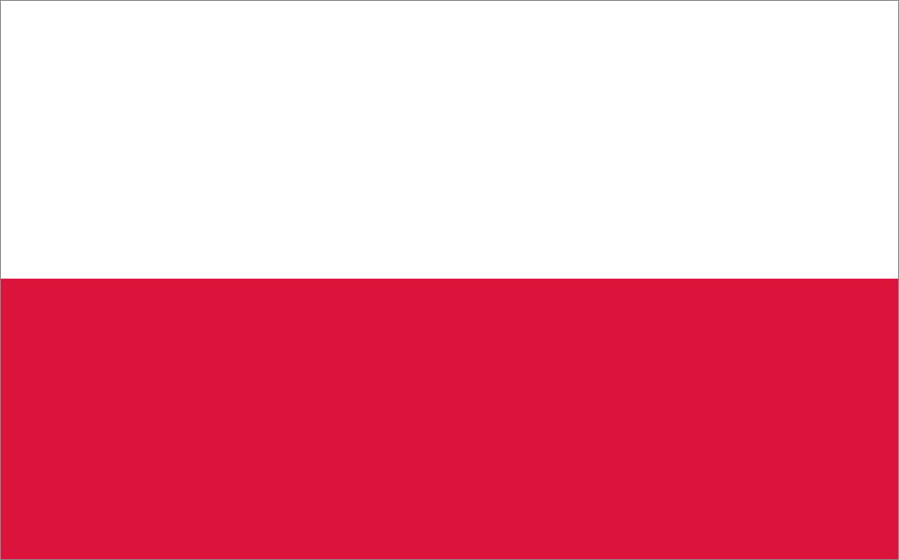 Poland flag consisting of two horizontal stripes; the top stripe is white and the bottom stripe is red.