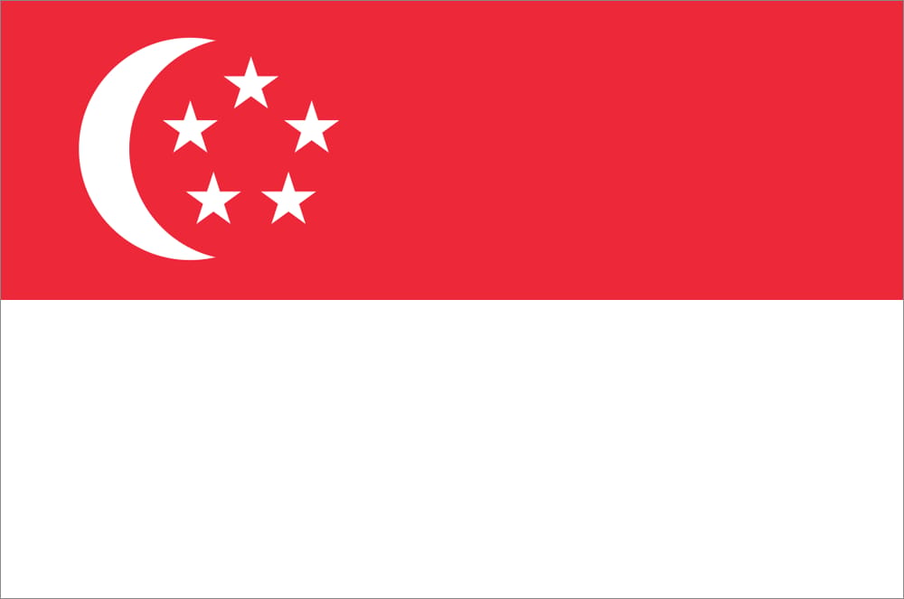 Flag of Singapore featuring a red background with a white crescent and five white stars on the left, and a white horizontal stripe at the bottom.
