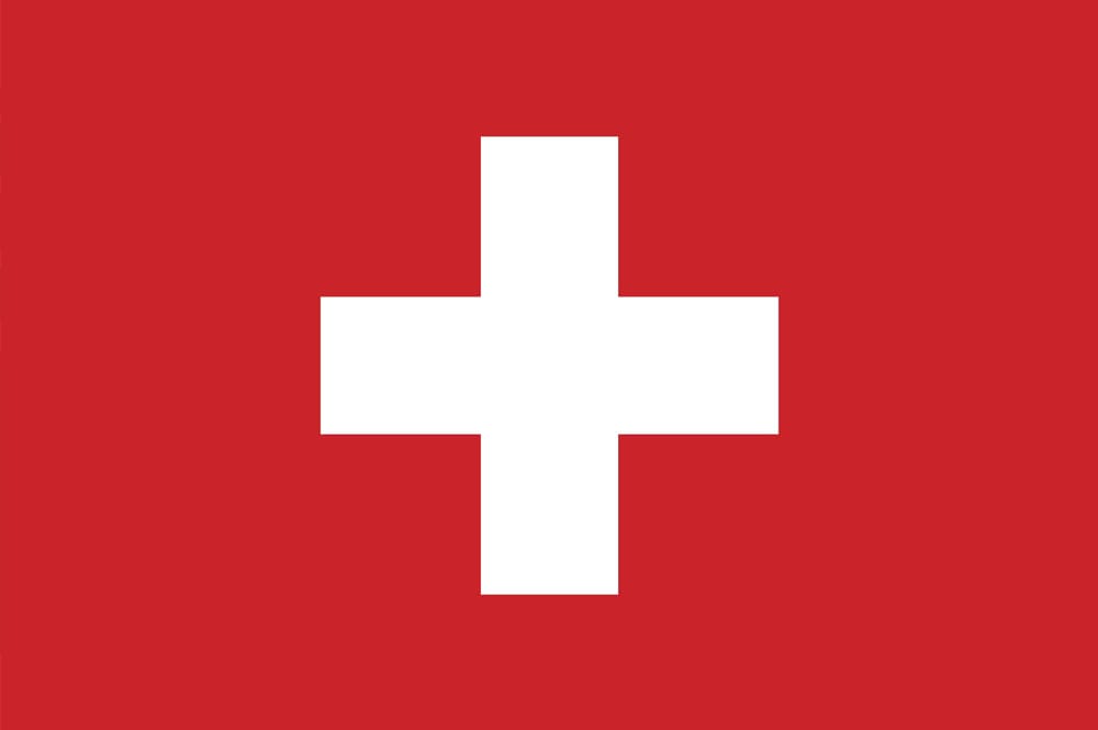 Flag of Switzerland featuring a white cross on a red background.