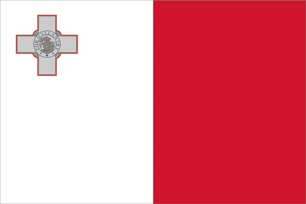 Flag of Malta featuring a white vertical stripe with a red field on the right and a representation of the George Cross in the upper left corner.