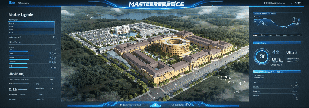 Aerial view of a large, modern building complex surrounded by greenery, featuring a central circular structure and multiple adjacent buildings.