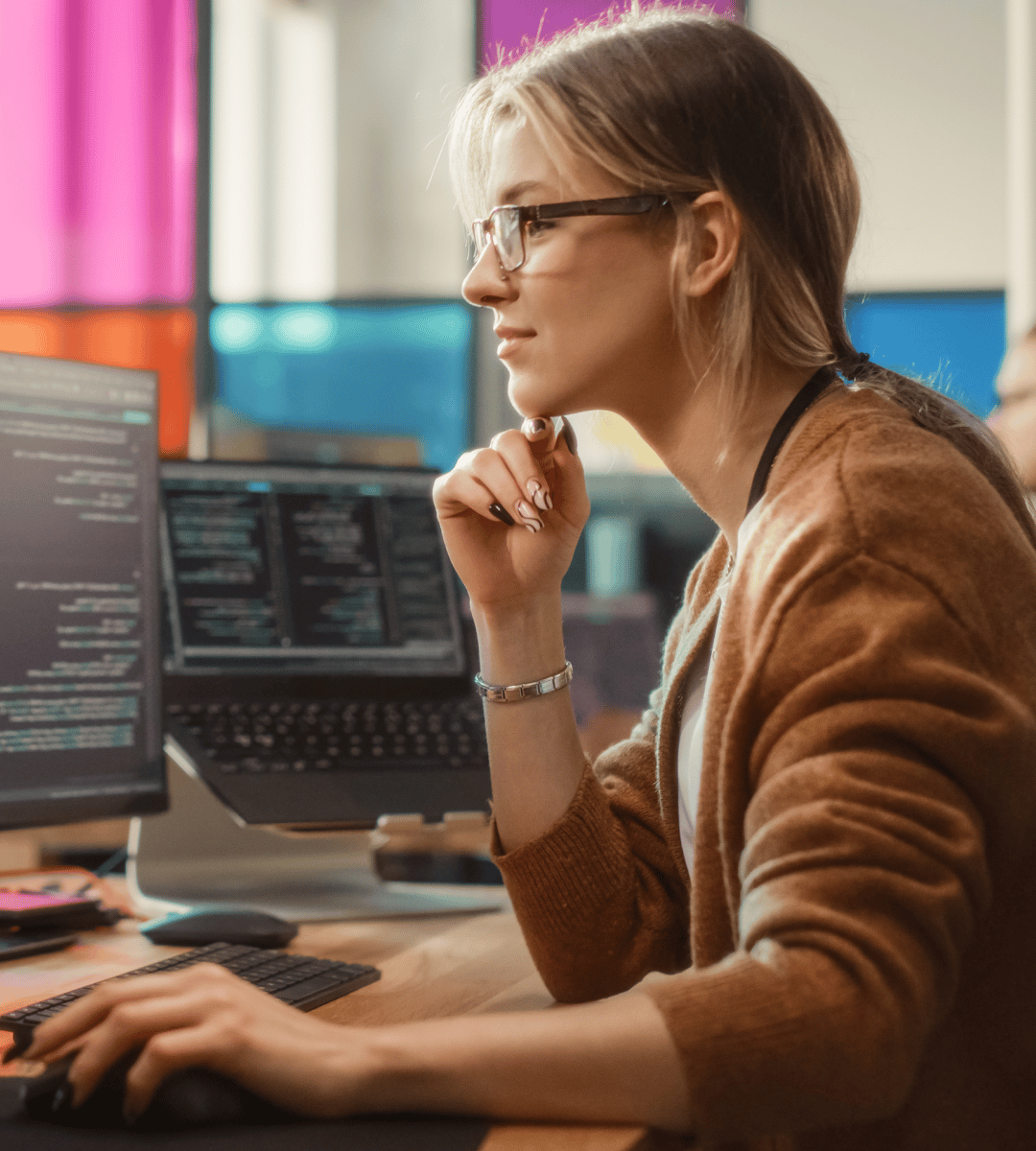 Professional working on programming or coding at a computer, focused on multiple screens with colorful backgrounds.