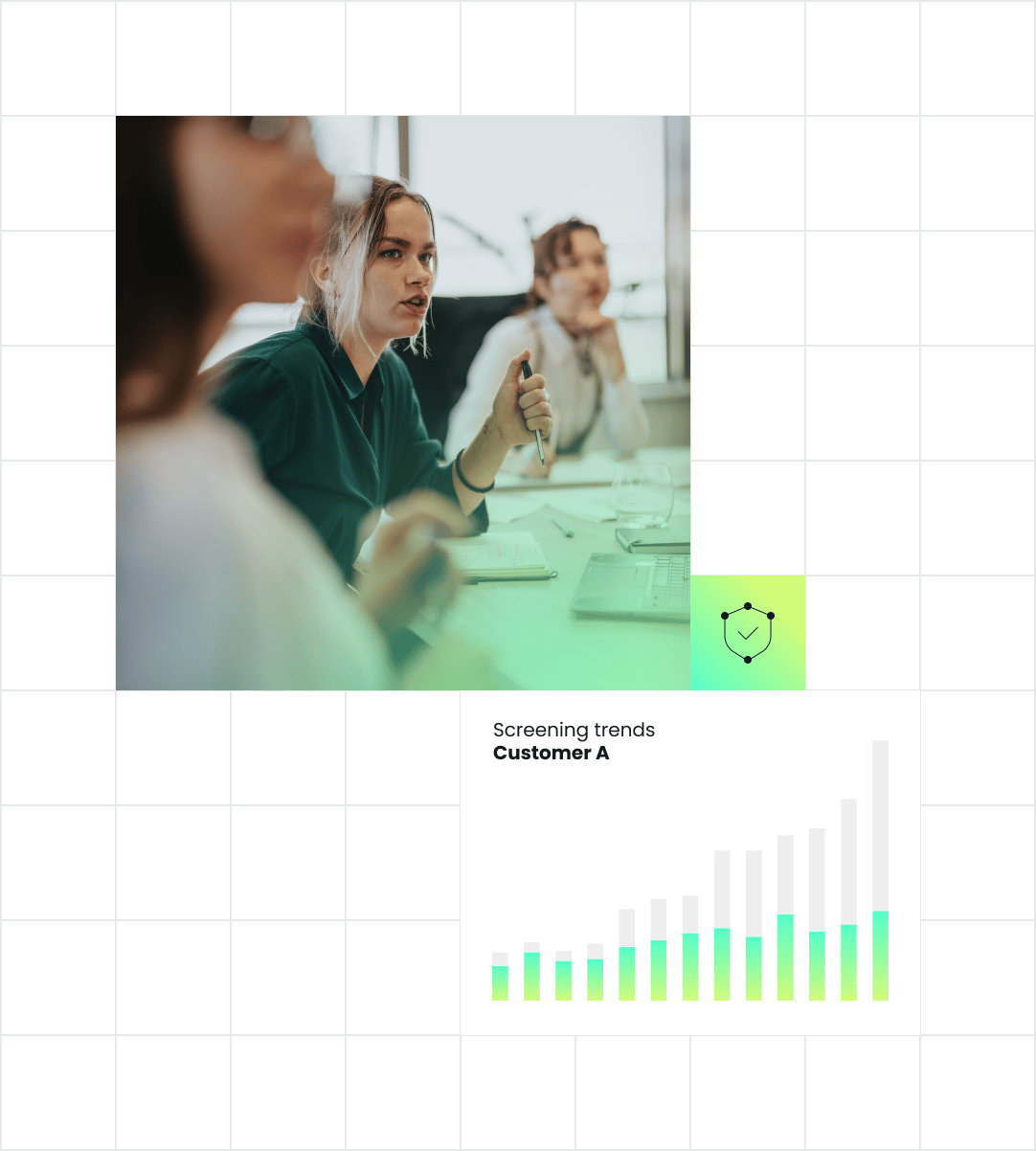 Person engaged in discussion, analyzing data on a graph with a green and black grid background, showing trends related to a customer.