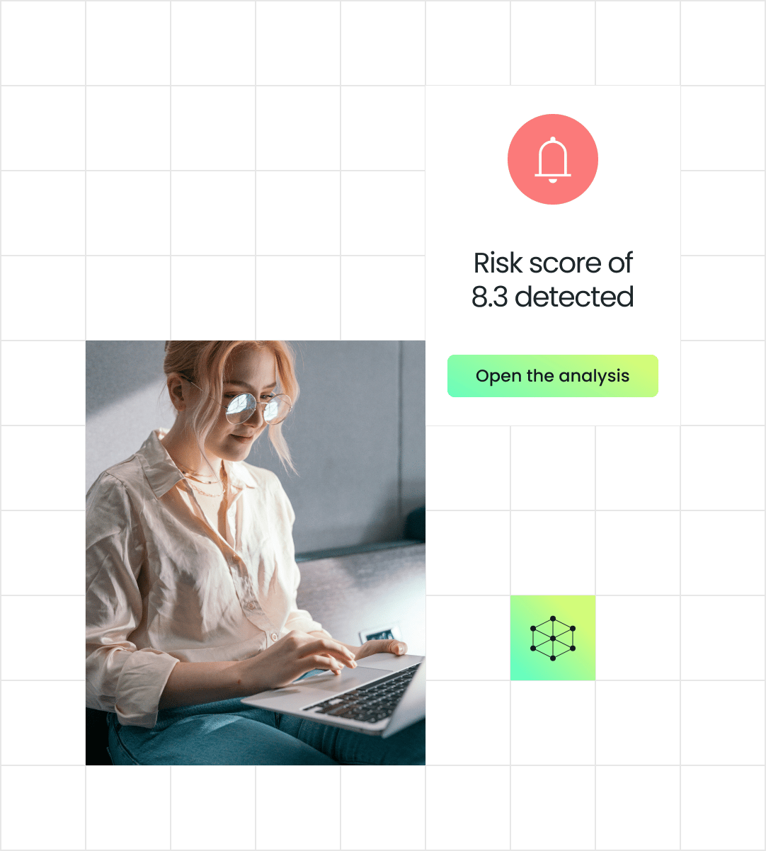 Person with glasses working on a laptop with a notification about a risk score on the side, against a grid background.