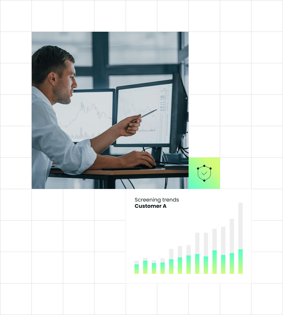 Man analyzing data on multiple computer screens, with a focus on customer trends and graphical representations in a modern workspace.