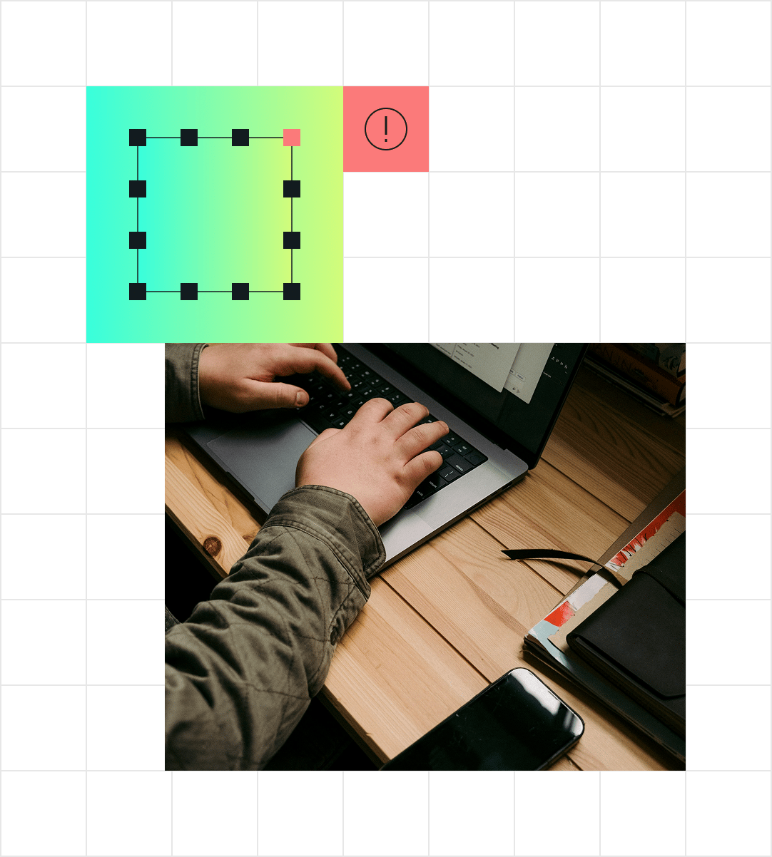 A person using a laptop on a wooden desk with a colorful geometric overlay featuring an exclamation mark.