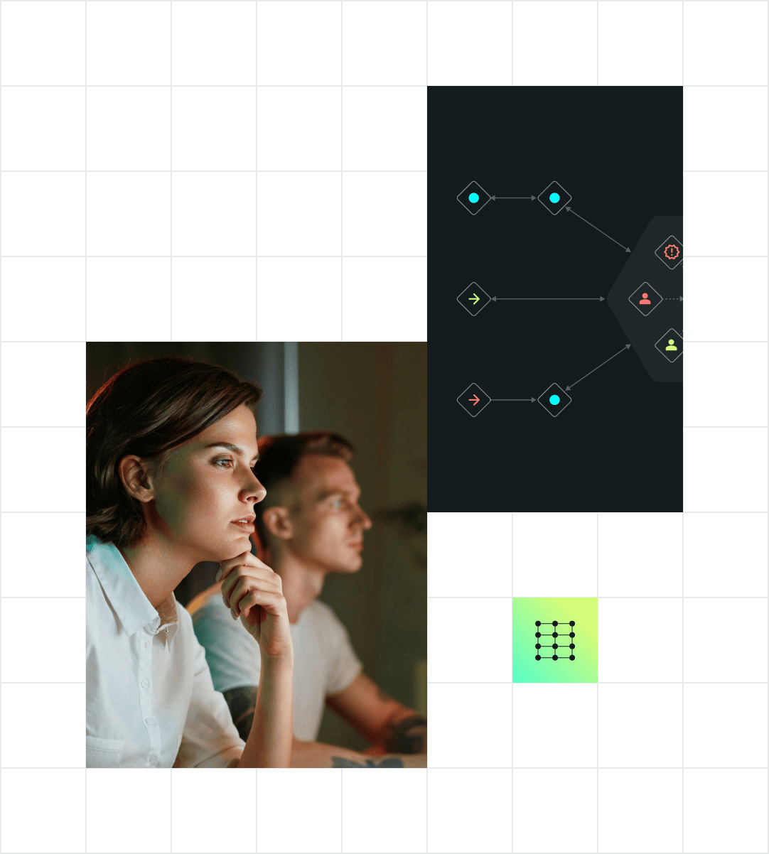 Two individuals focused on their work, one on the left in profile view, with a visual representation of a network or flowchart on the right.