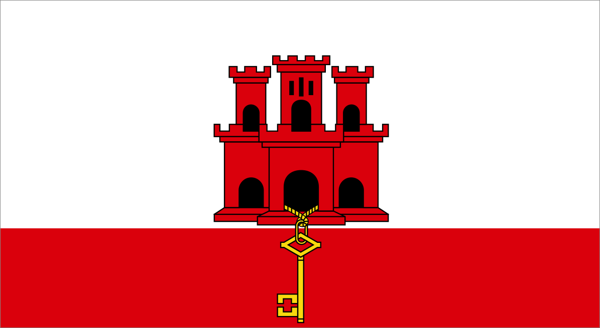 Flag of Gibraltar featuring a red castle on a white field and a gold key.
