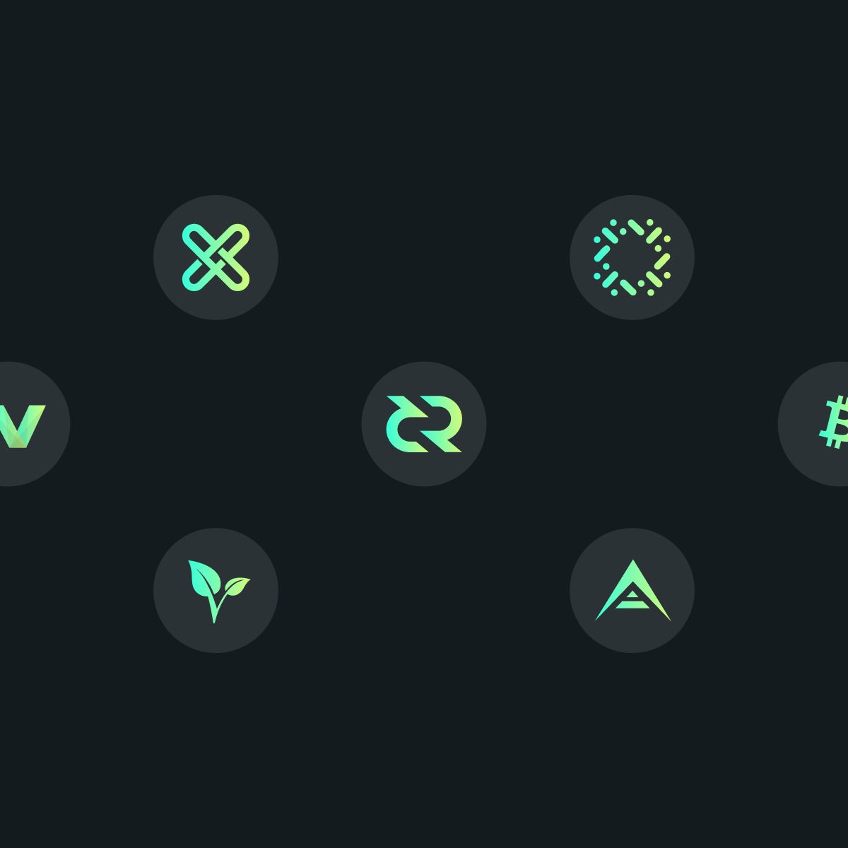Various cryptocurrency logos on a dark background, including symbols for different digital assets and projects.