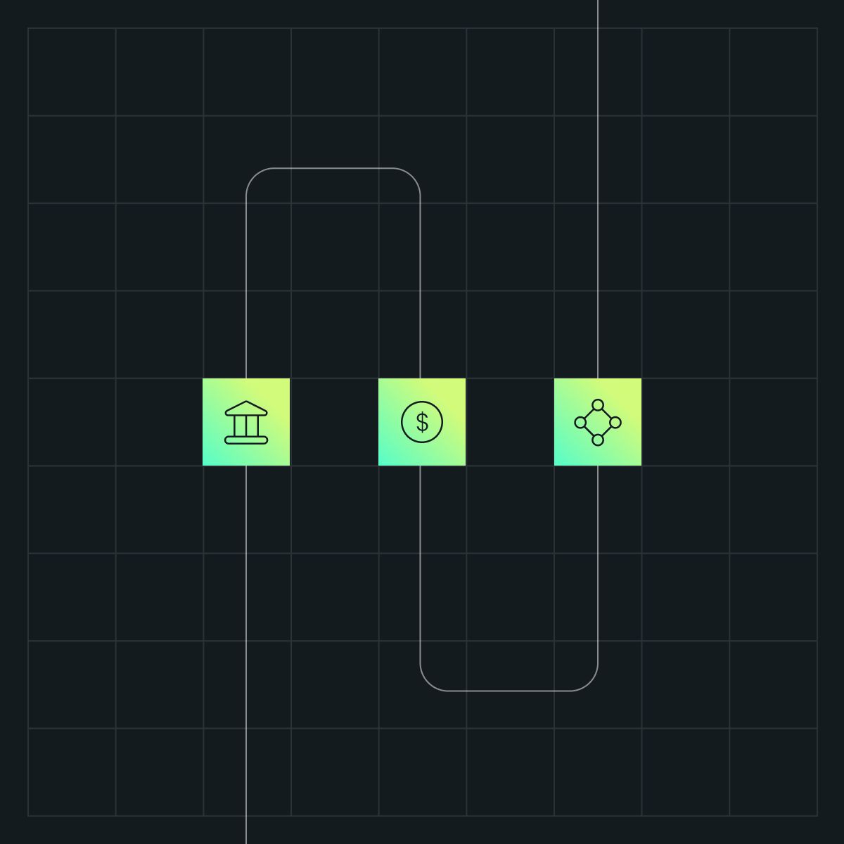 Icons representing a bank, a dollar sign, and a network, arranged on a grid background, symbolizing finance and connectivity in cryptocurrency.