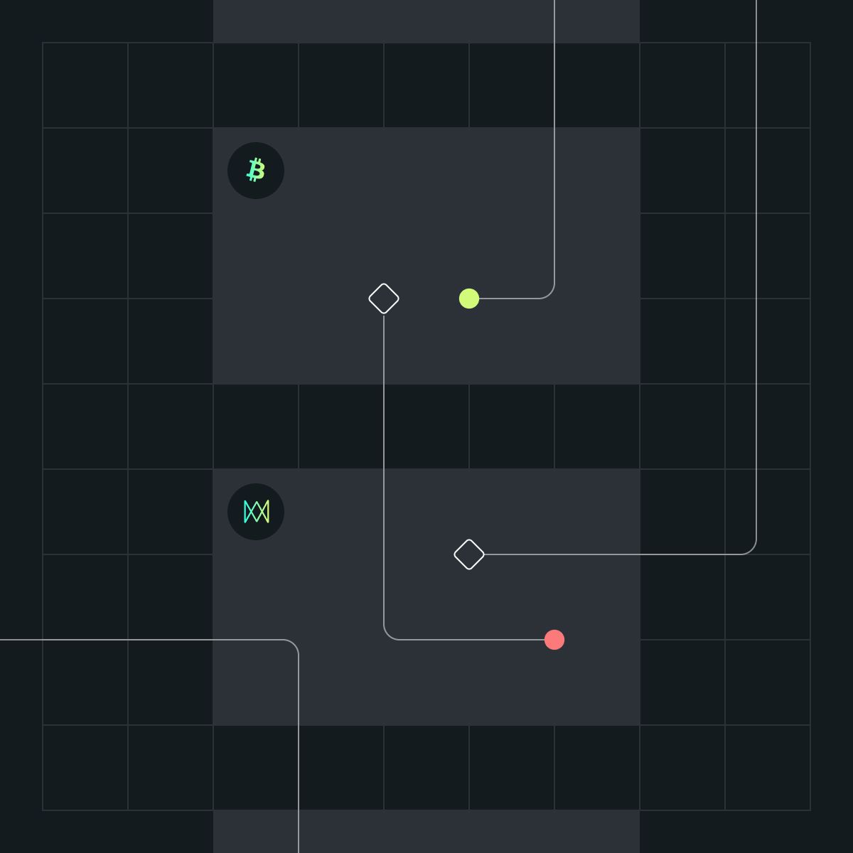 Two grids with connected paths in a dark background, featuring icons for Bitcoin and another symbol, with colored dots indicating positions.