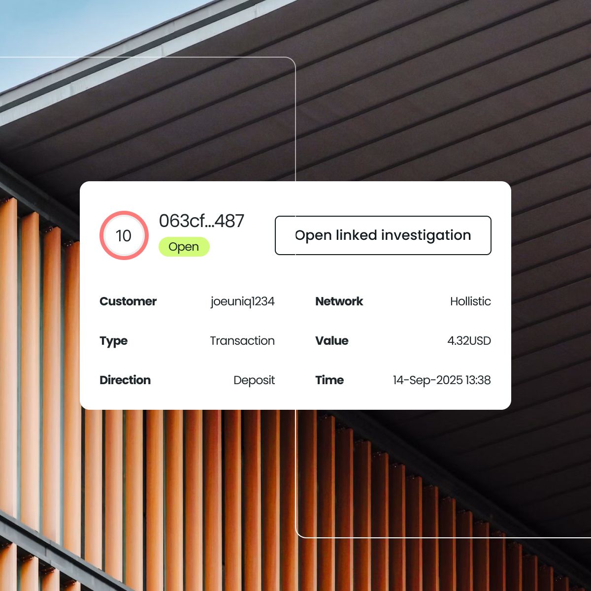 Document displaying transaction details including customer ID, network, type, value, direction, and timestamp against a modern architectural background.