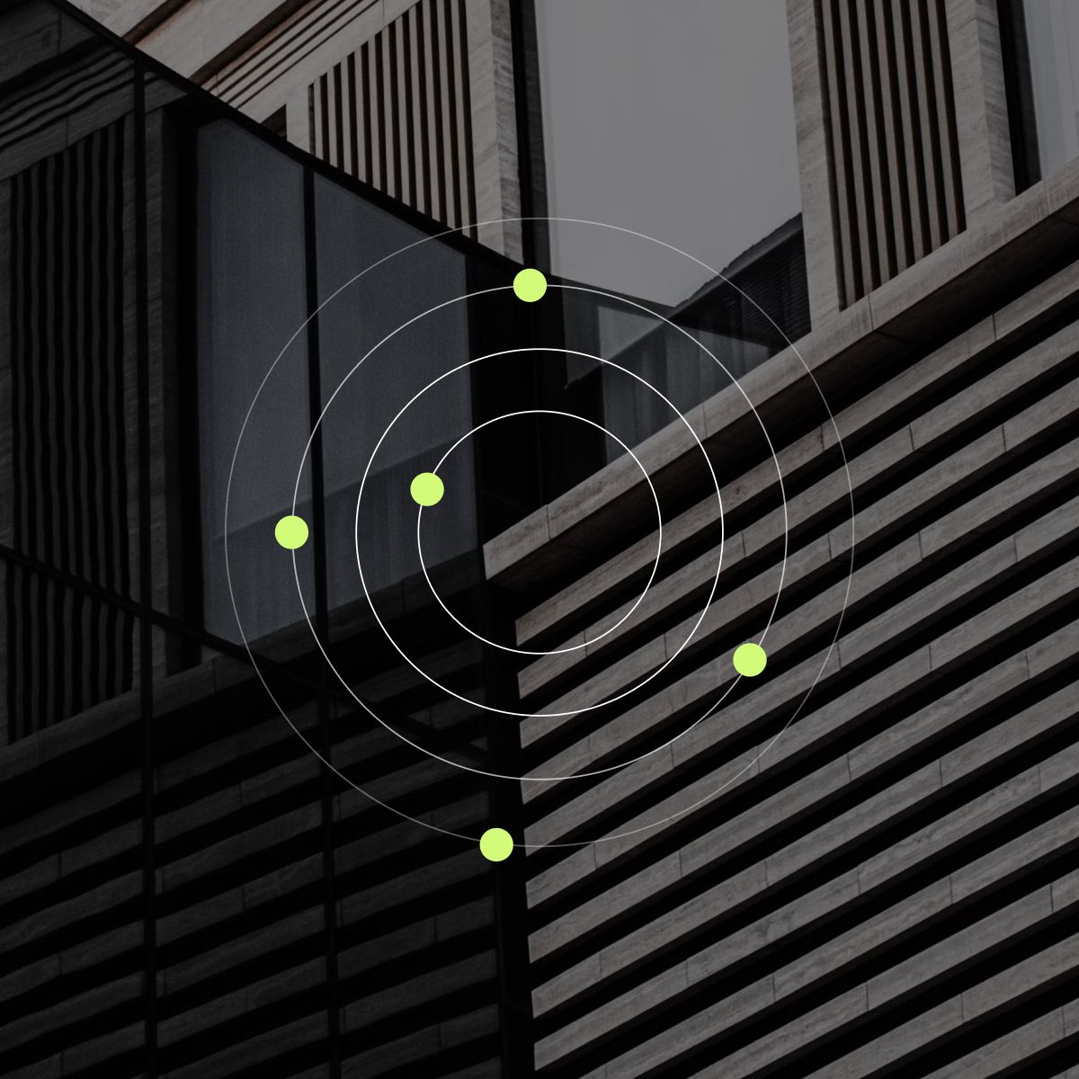 Abstract representation of concentric circles with bright green dots, overlaying a modern building featuring dark glass and wood slats.