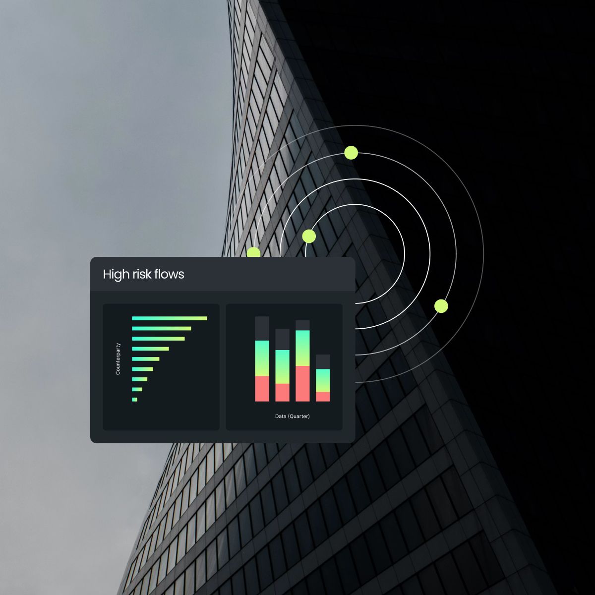 High risk flows data visualization on a background of a modern building with angular architecture, showcasing graphs and data points.