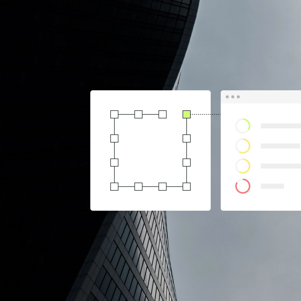 Graphic showing a UI design element with a square shape and selection handles next to a computer screen displaying design options, set against a modern building background.