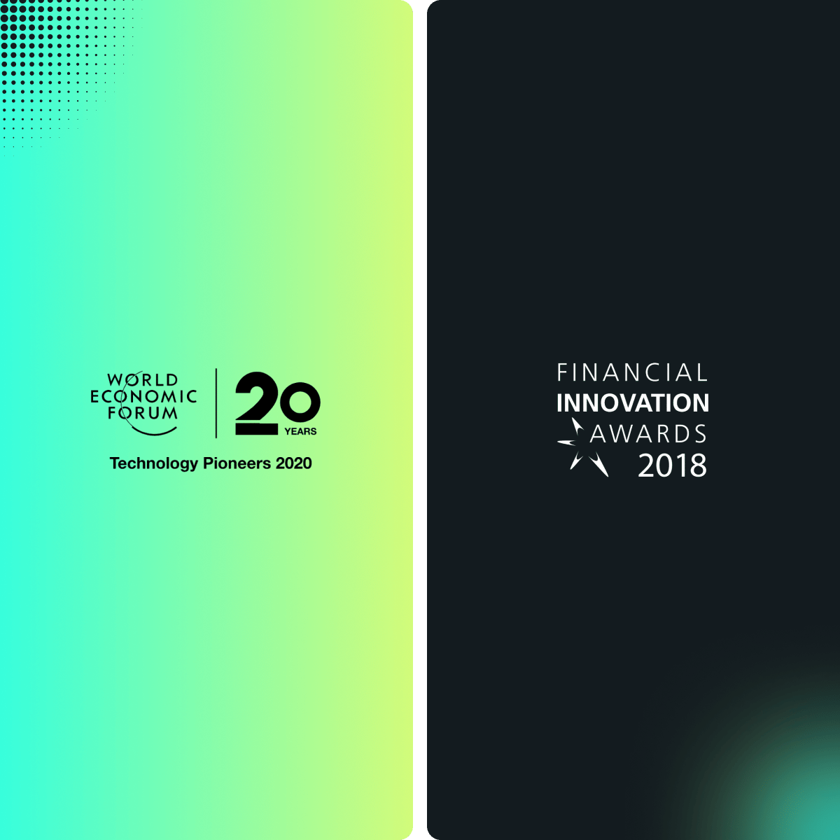 World Economic Forum 20 Years Technology Pioneers 2020 and Financial Innovation Awards 2018 logos on a gradient background.