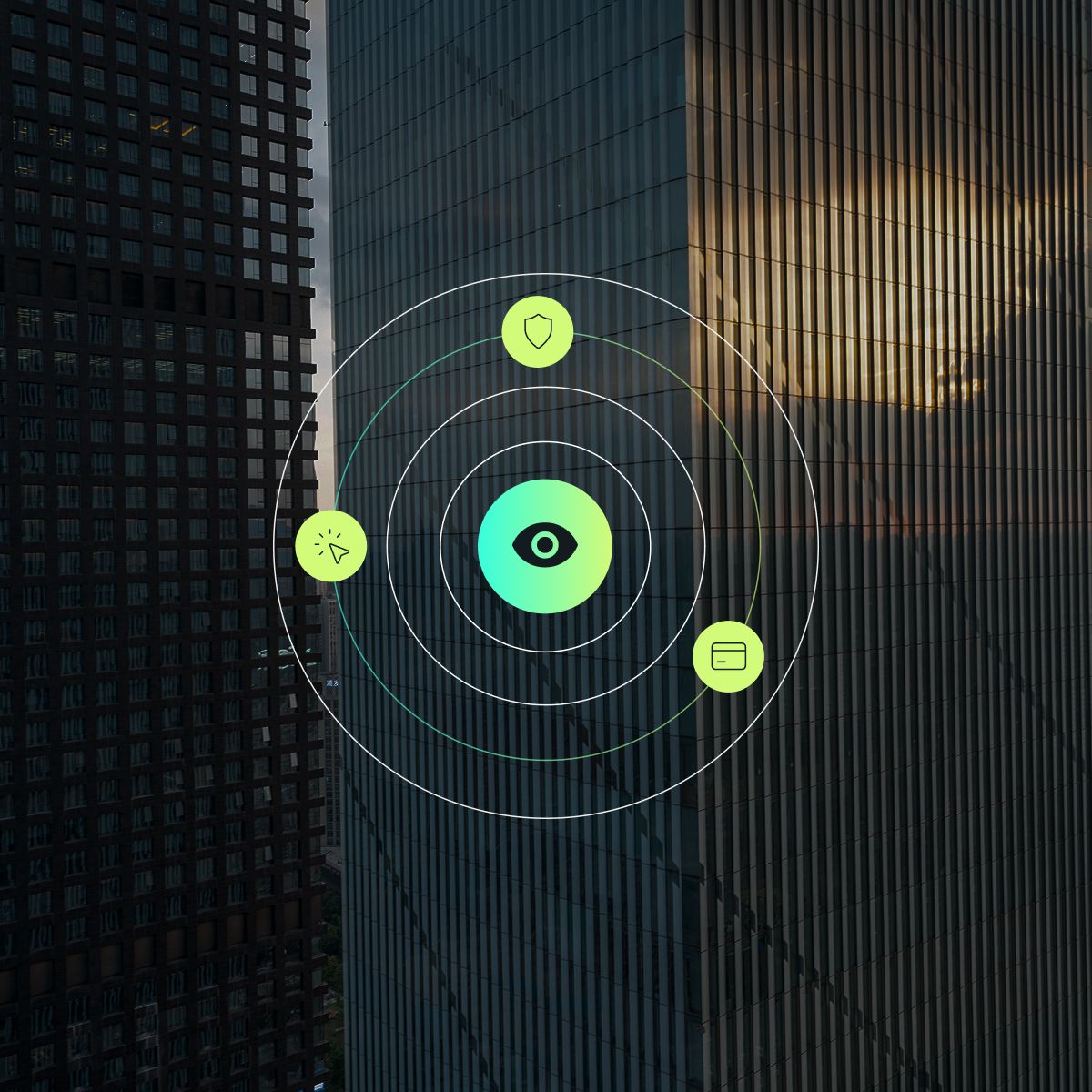 Abstract design featuring concentric circles with icons and an eye symbol, set against a backdrop of modern skyscrapers and reflective glass.
