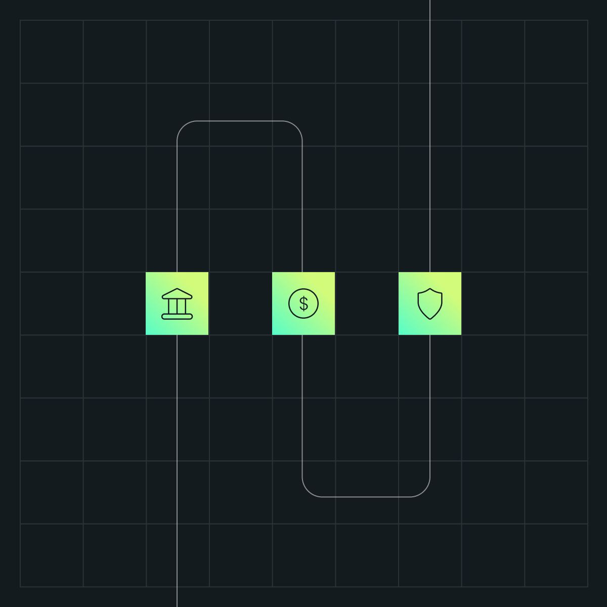 Icons representing a bank, currency, and shield, arranged in a grid on a dark background, highlighting security and finance concepts.