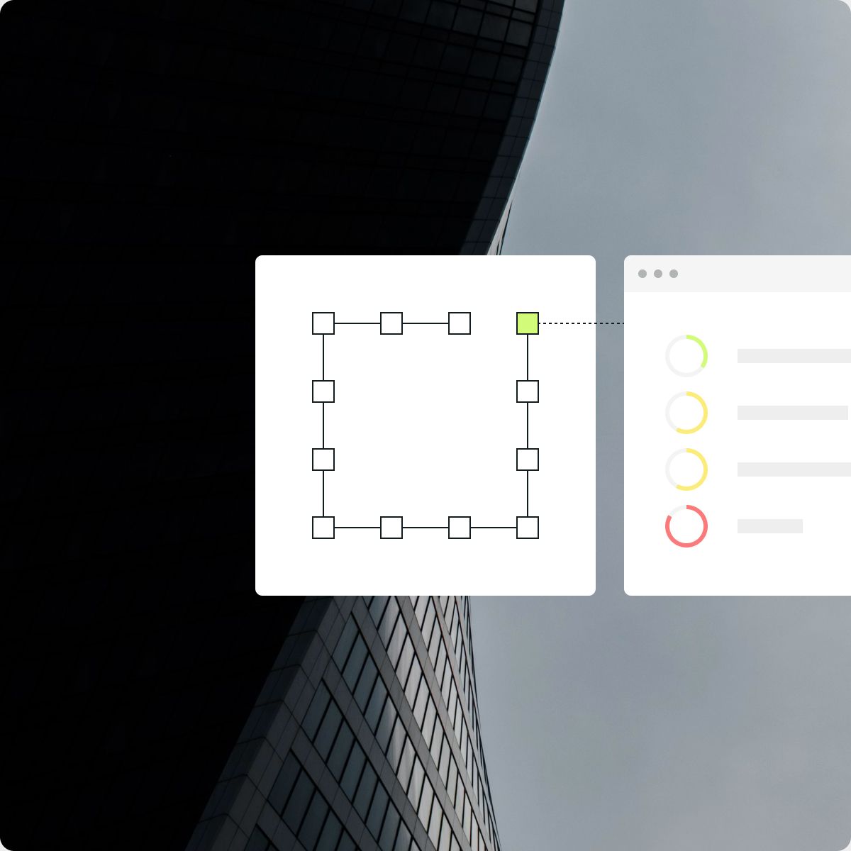 A geometric outline with nodes and a monitor displaying color indicators, set against a modern building facade.