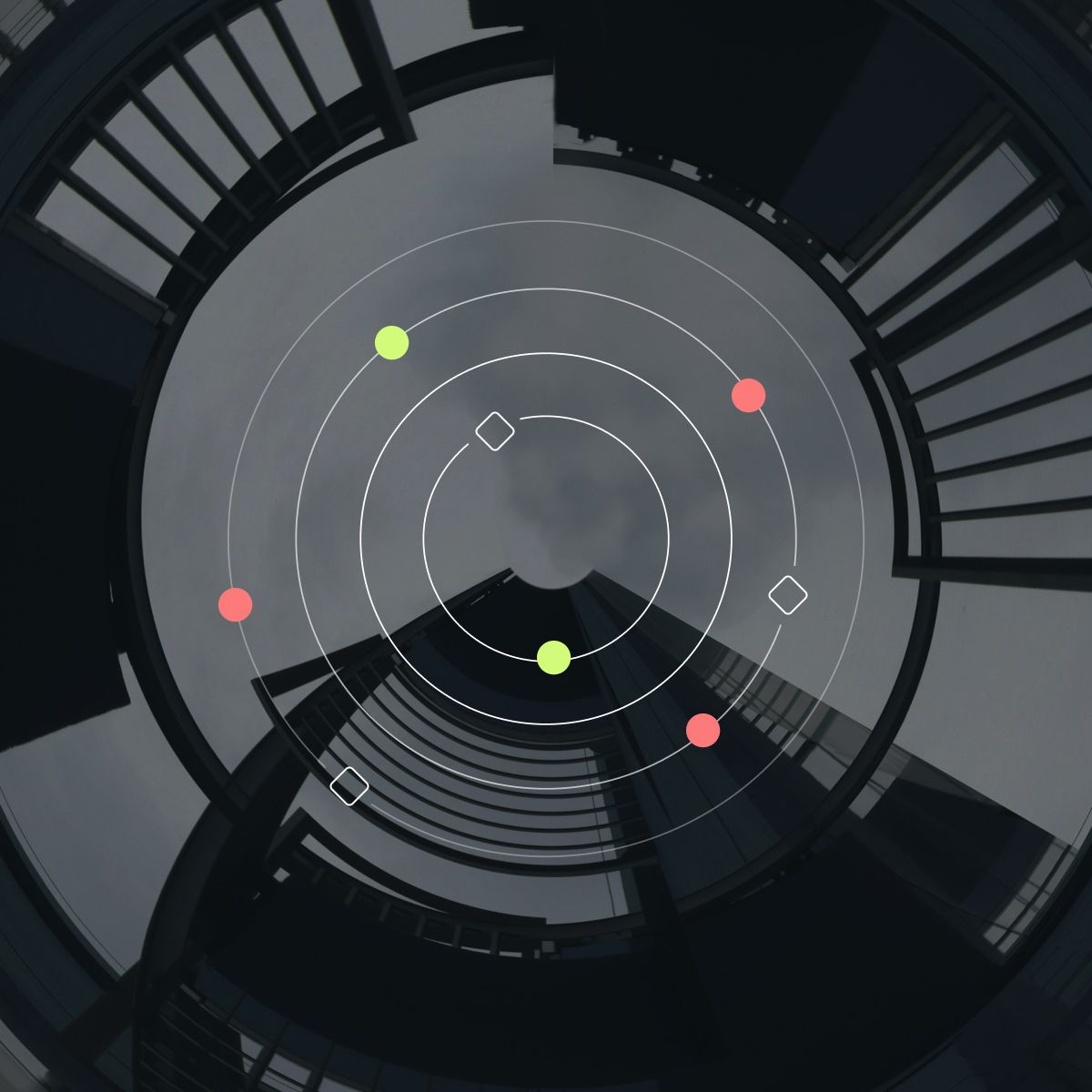 A circular view looking up at a building with a cloudy sky, featuring colored dots and concentric circles in the foreground.