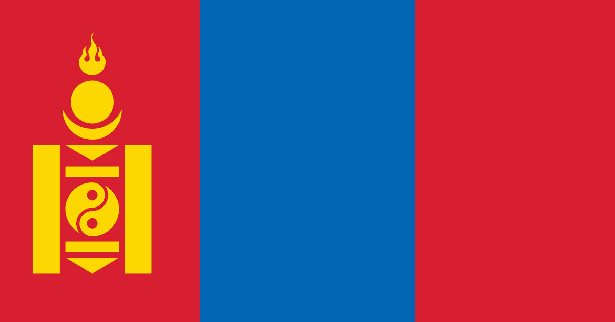 Flag of Mongolia, featuring a blue vertical stripe between red stripes, with a yellow emblem on the left.