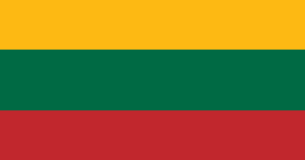Flag of Lithuania featuring horizontal stripes in yellow, green, and red.