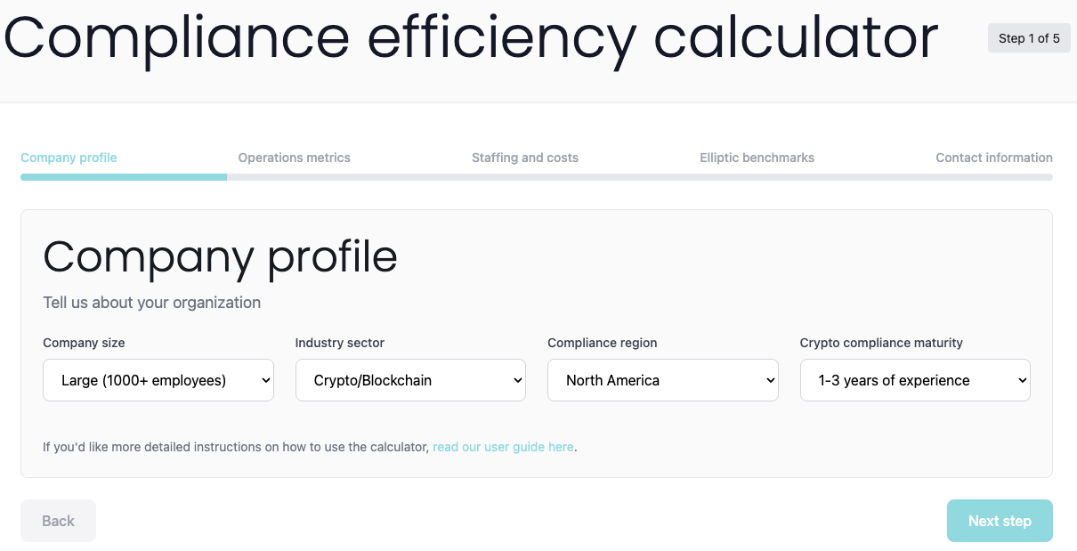 Compliance efficiency calculator interface displaying sections for company profile, industry sector, region, and compliance maturity.