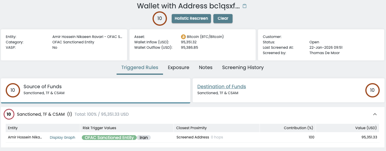 Wallet information displaying address, balance, and details about sanctions and compliance related to a specific entity.