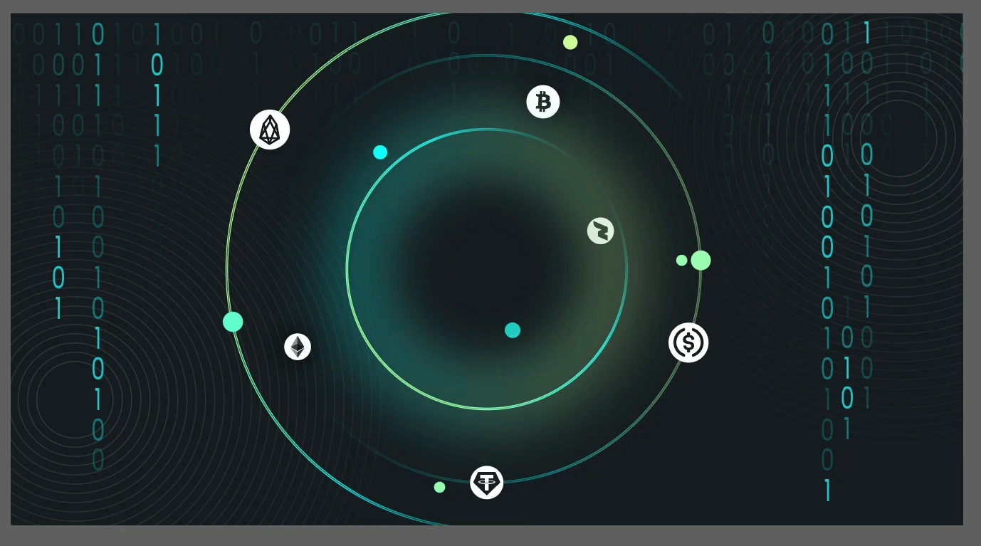 Abstract digital illustration of a circular arrangement of various cryptocurrency symbols with a dark background featuring binary code patterns.