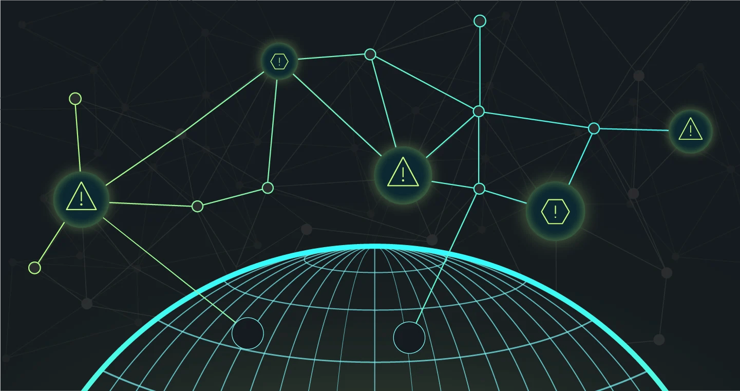 Abstract digital illustration featuring a globe connected by glowing lines, with warning symbols highlighted, suggesting a network or data flow.