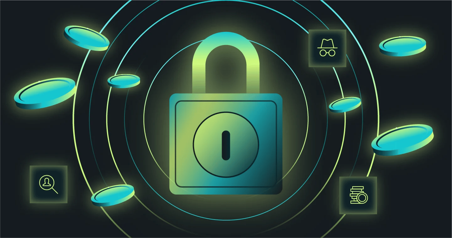 A stylized padlock surrounded by glowing circles and icons representing security and data protection, with a dark background.