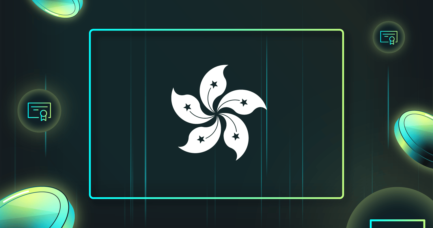 Design featuring the Hong Kong flag stylized with a swirl pattern, surrounded by abstract glowing shapes and icons on a dark background.