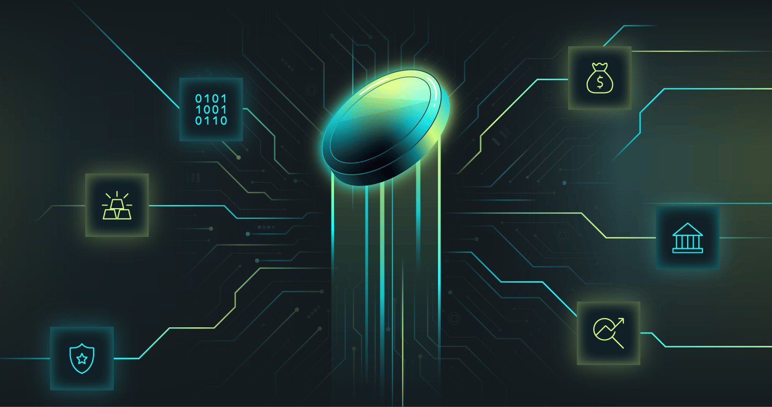 A digital illustration featuring a central coin surrounded by icons representing finance, security, bank, and technology on a circuit-like background.