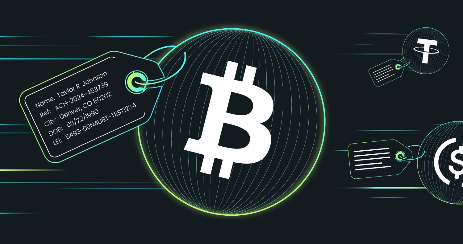 Illustration featuring a Bitcoin symbol surrounded by tags with personal information, representing digital currency and identity.