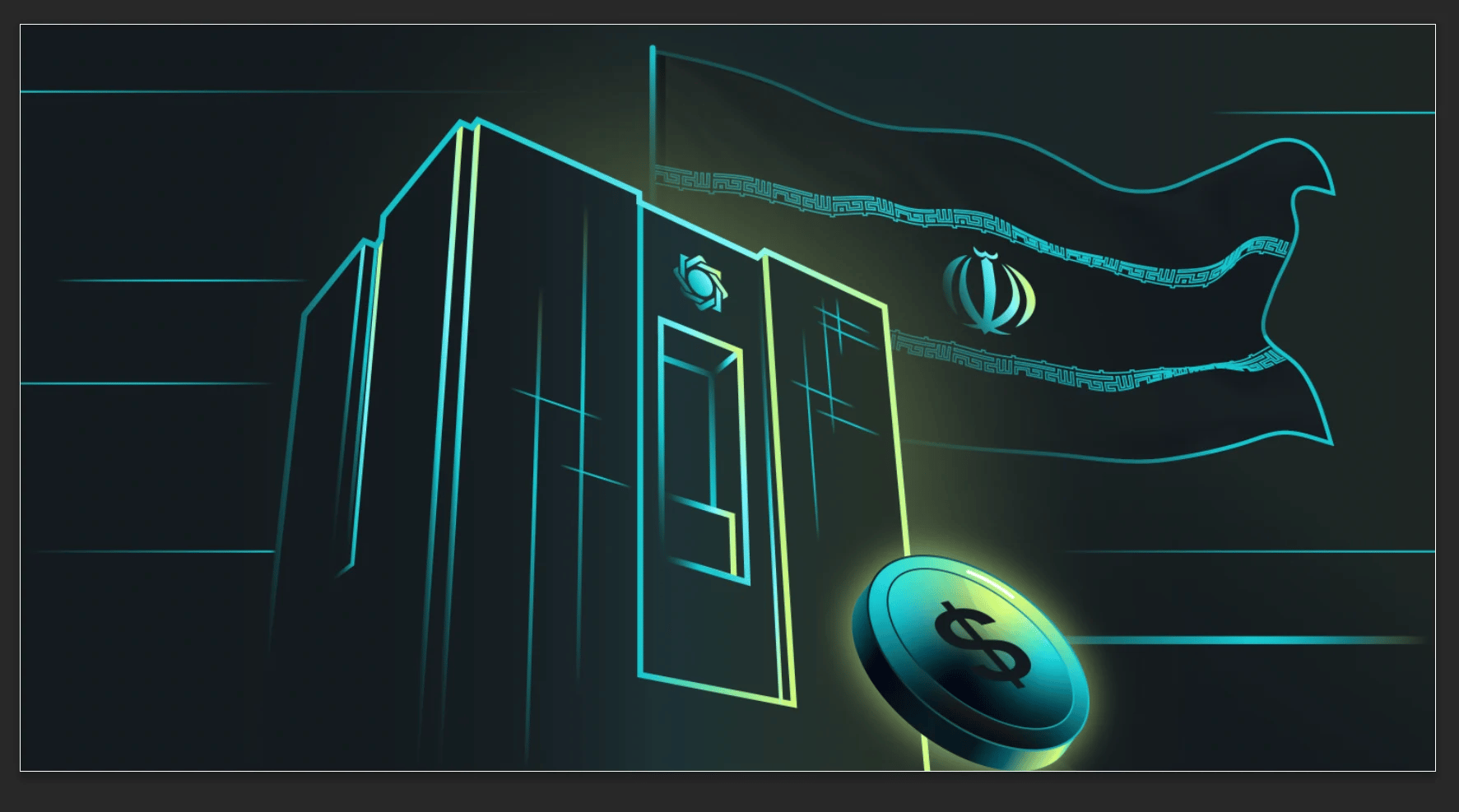 A stylized illustration of a building with a flag featuring the emblem of Iran and a cryptocurrency coin.