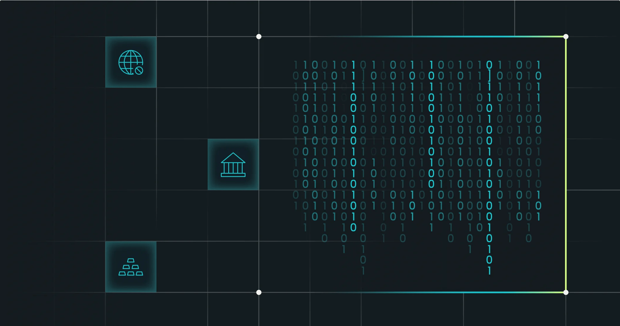 Icons representing technology, finance, and data, with a binary code display in the center, set against a grid background.