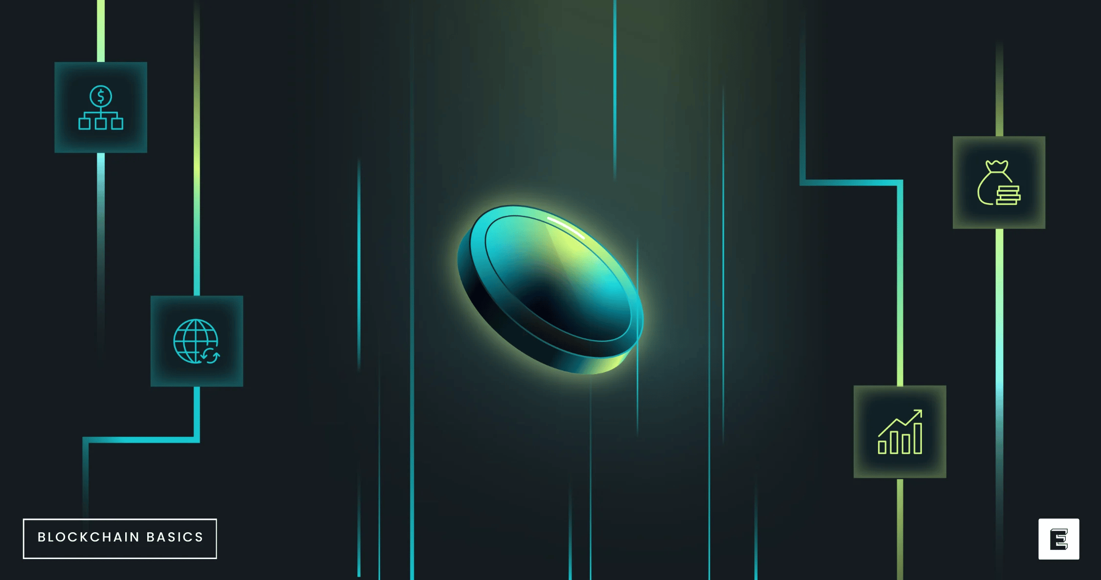 A stylized coin with a blue-green gradient surrounded by glowing lines and icons representing blockchain concepts on a dark background.