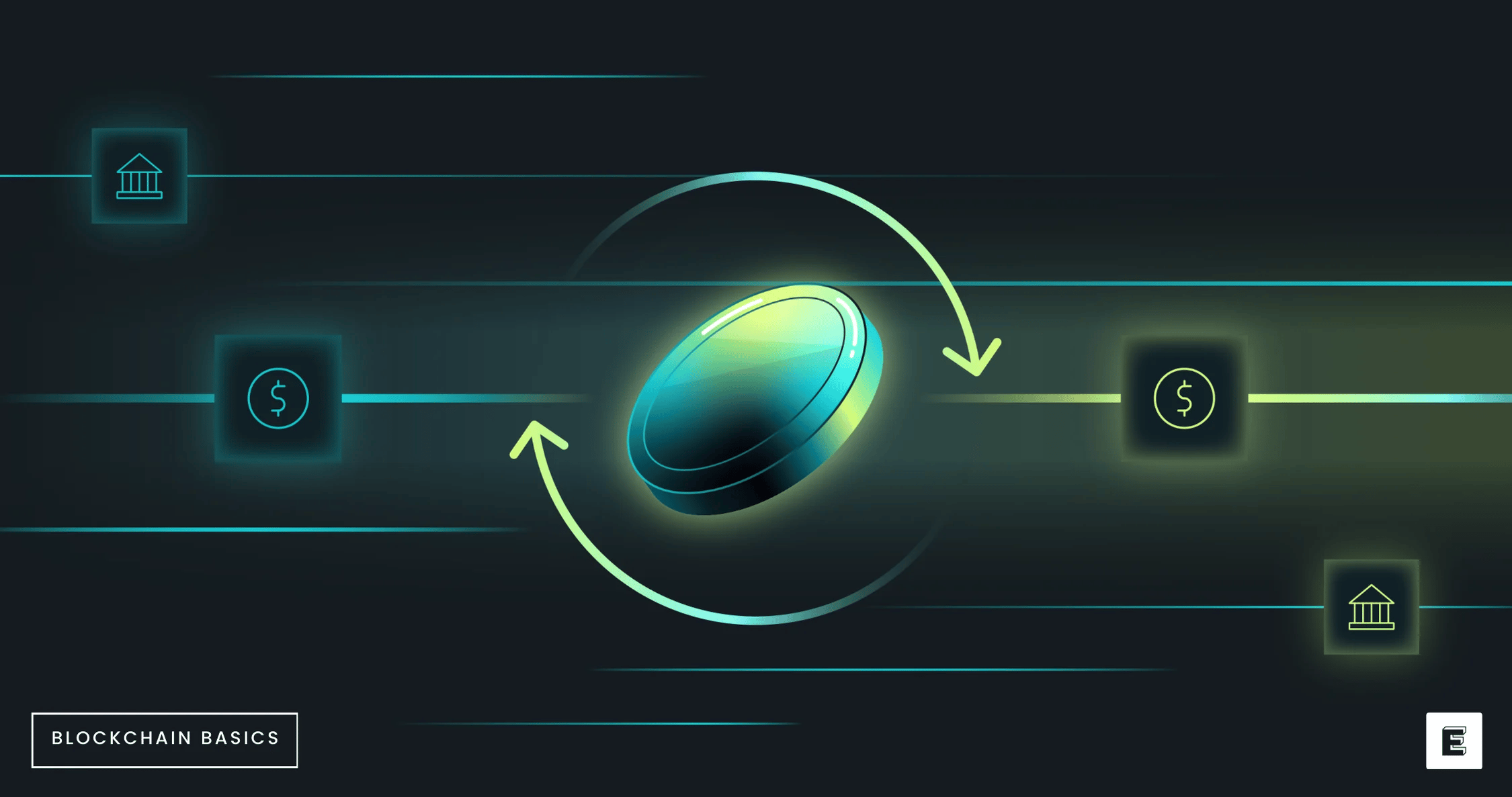 Blockchain Basics graphic illustrating a digital coin transferring between two financial institutions.