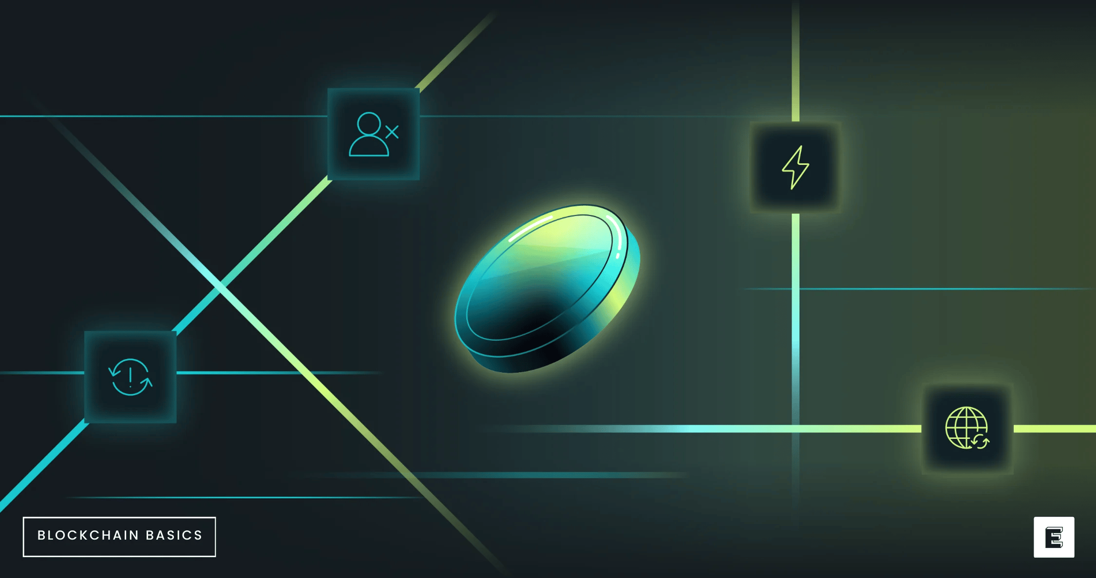 Blockchain Basics illustration featuring a digital coin surrounded by icons representing users, energy, and connectivity.