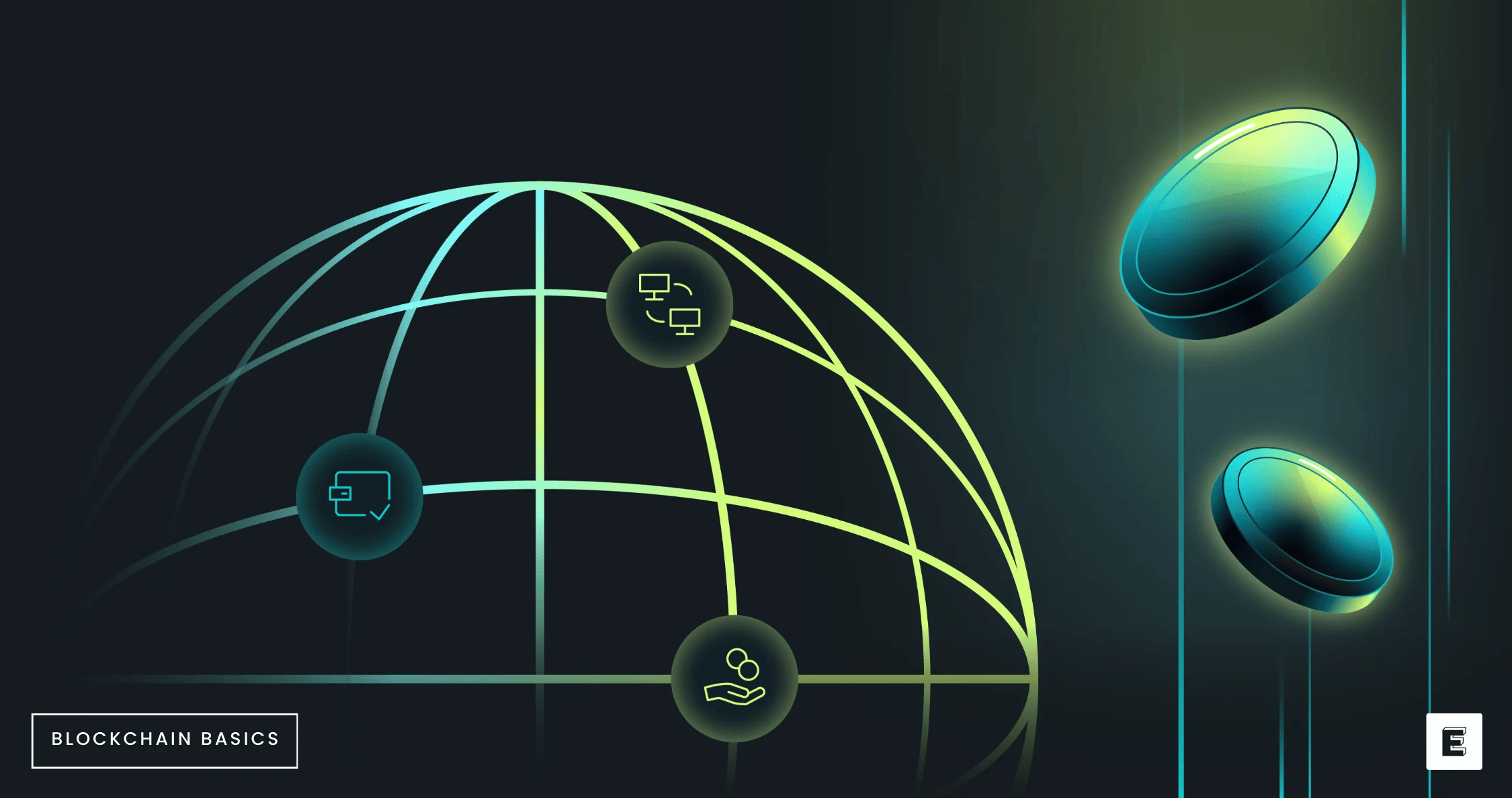 Blockchain concept illustration featuring a globe with digital icons representing technology and connectivity alongside a stylized cryptocurrency coin.