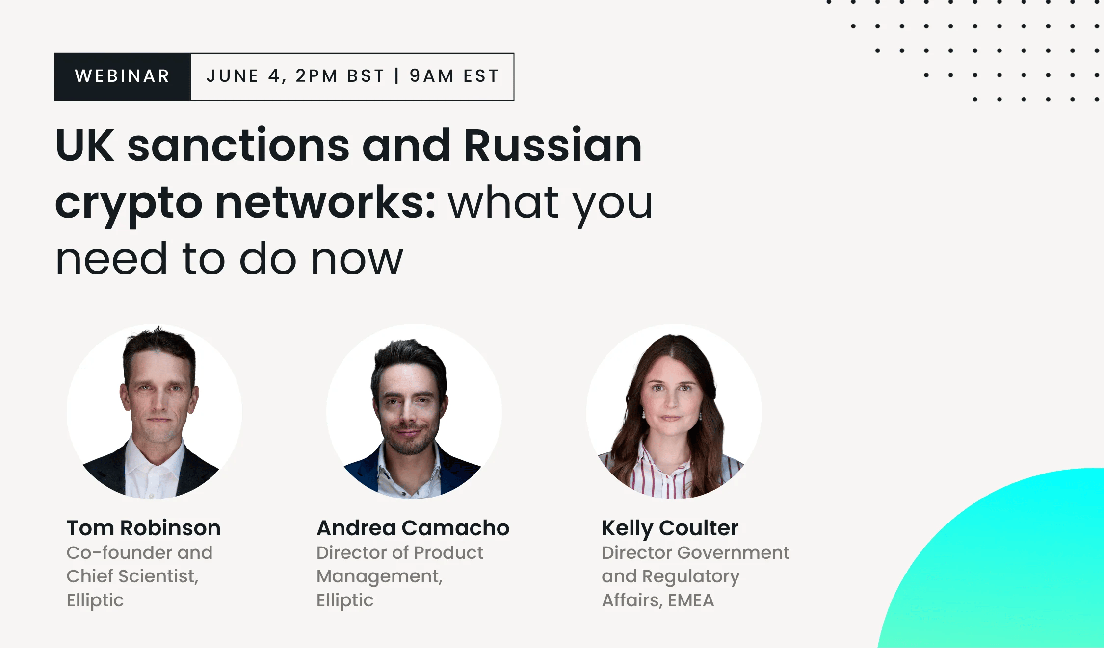 Webinar announcement for "UK sanctions and Russian crypto networks" featuring speakers Tom Robinson, Andrea Camacho, and Kelly Coulter, with details on date and time.