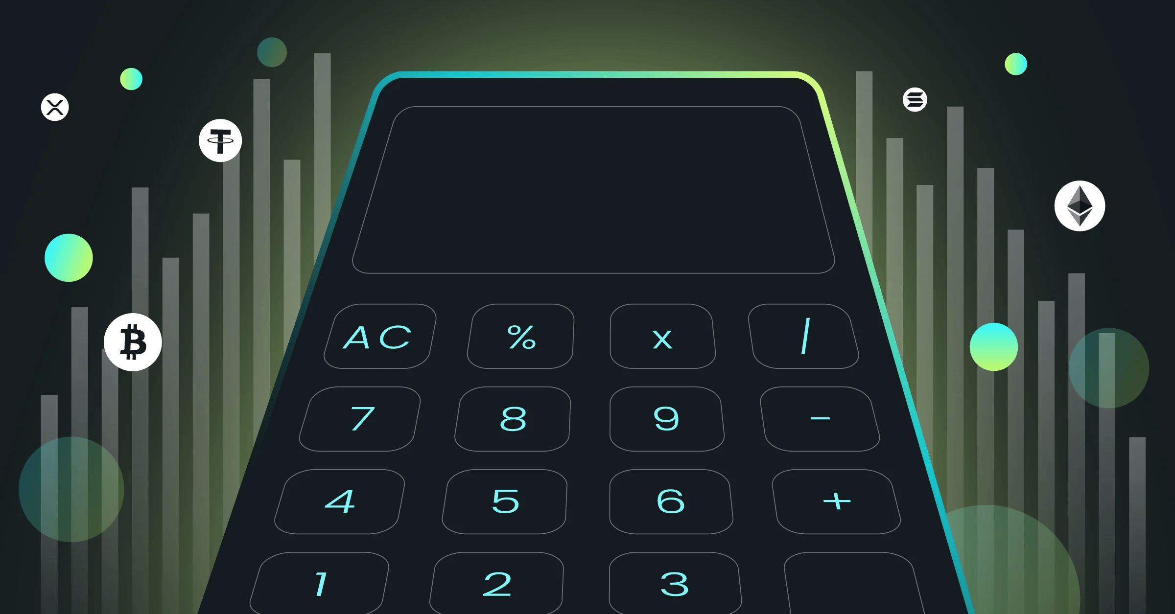 Calculator interface with cryptocurrency symbols and abstract graphical elements in a dark-themed design.